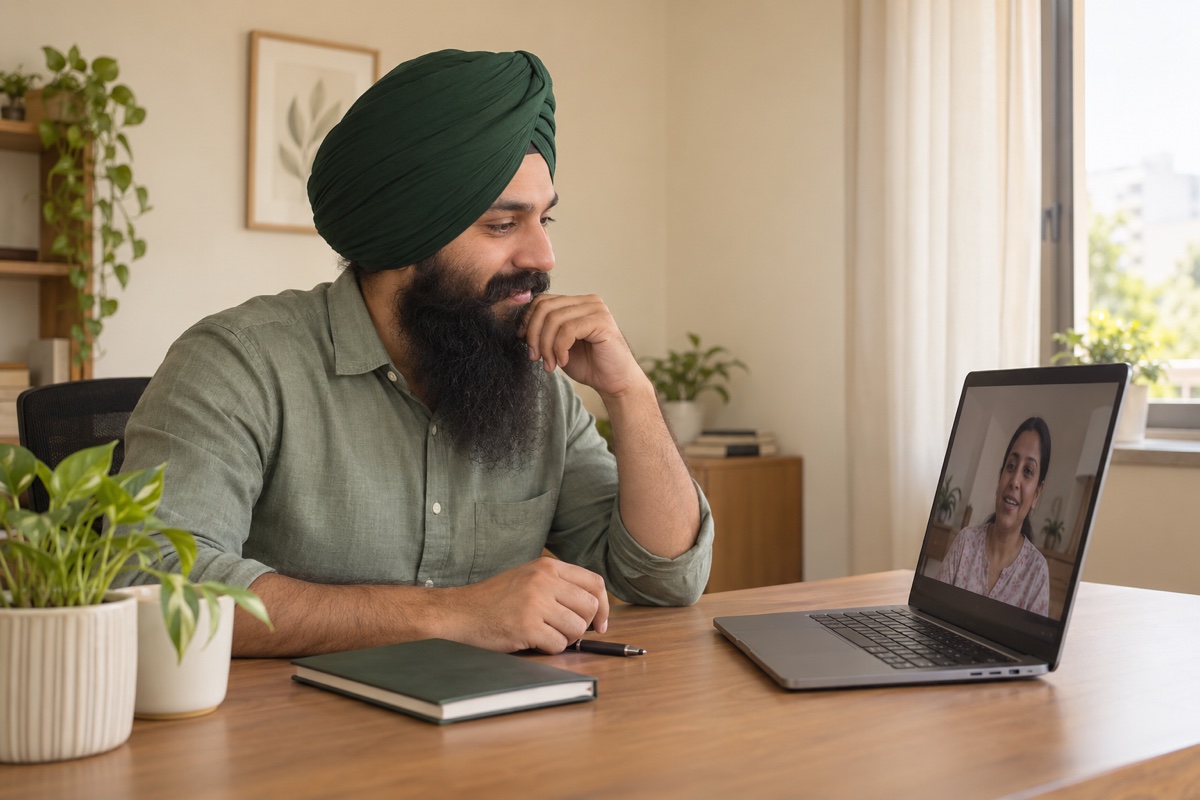 Illustrative Sikh adviser with a full beard and green turban listening to a customer on a video call