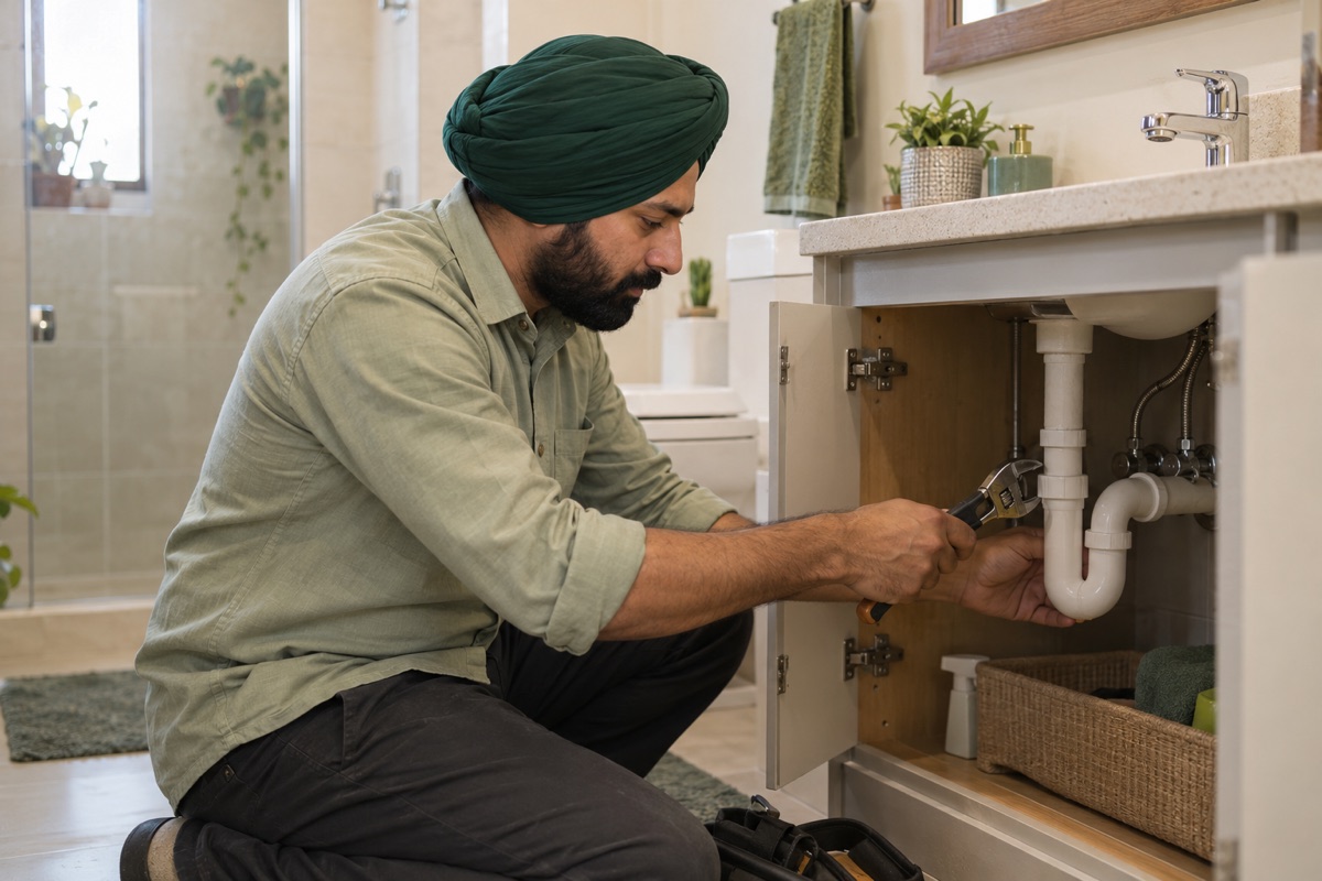 Illustrative scene of a Sikh man inspecting plumbing beneath a bathroom sink