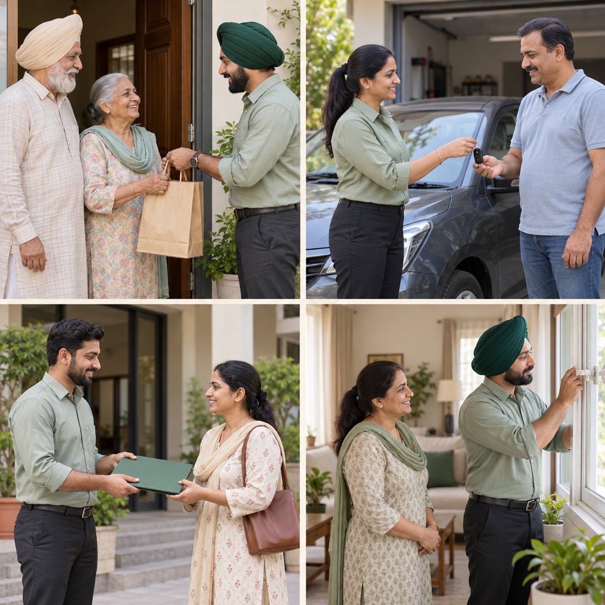 Illustrative montage of family assistance, vehicle service handover, document collection and home care with smiling clients