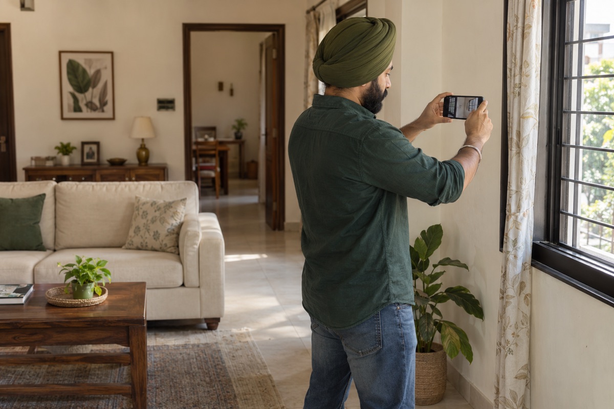 Illustrative scene of a Sikh man photographing a window during a home inspection